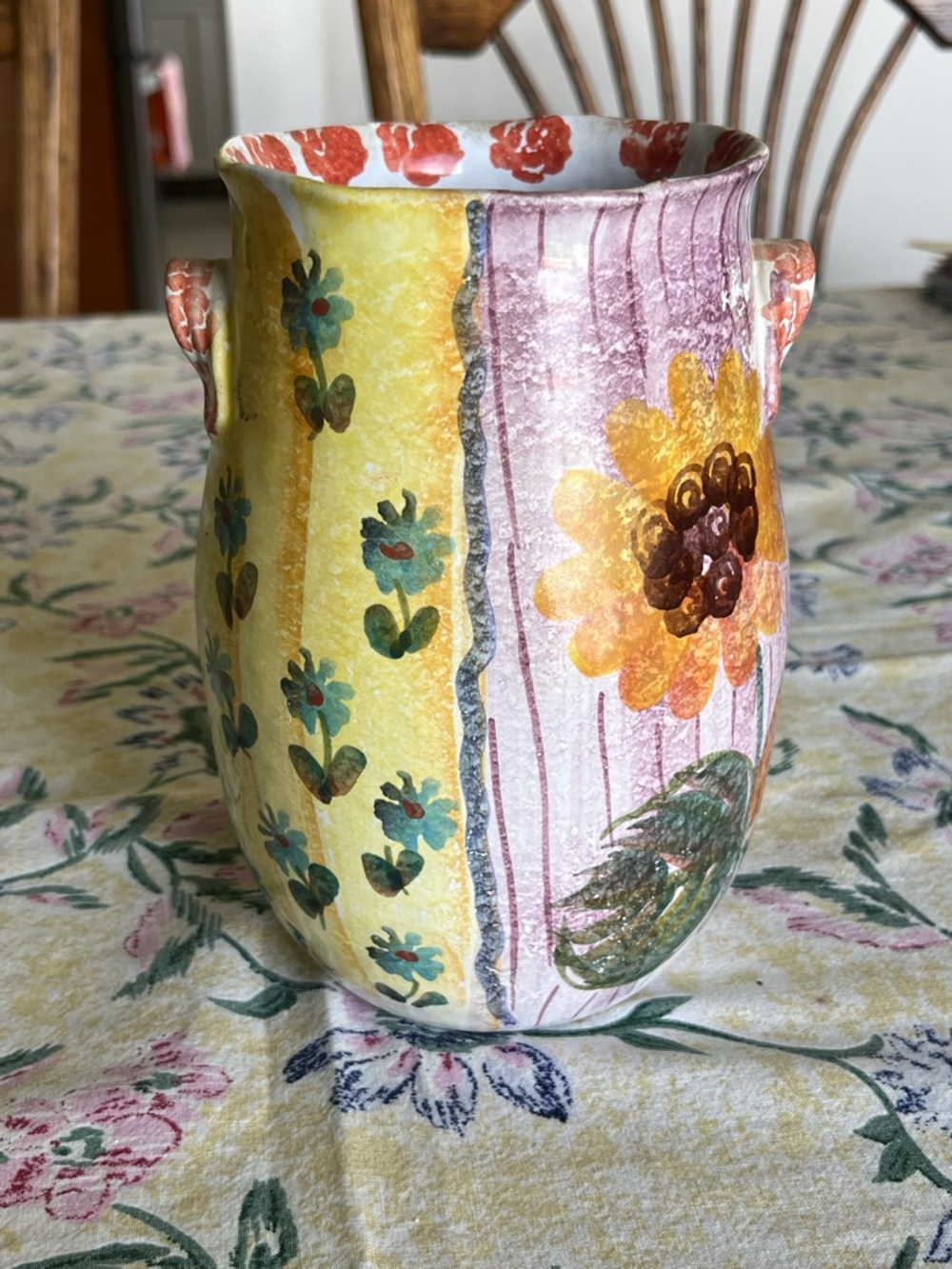 Vintage Hand-Painted Floral Ceramic Vase - Yellow & Pink